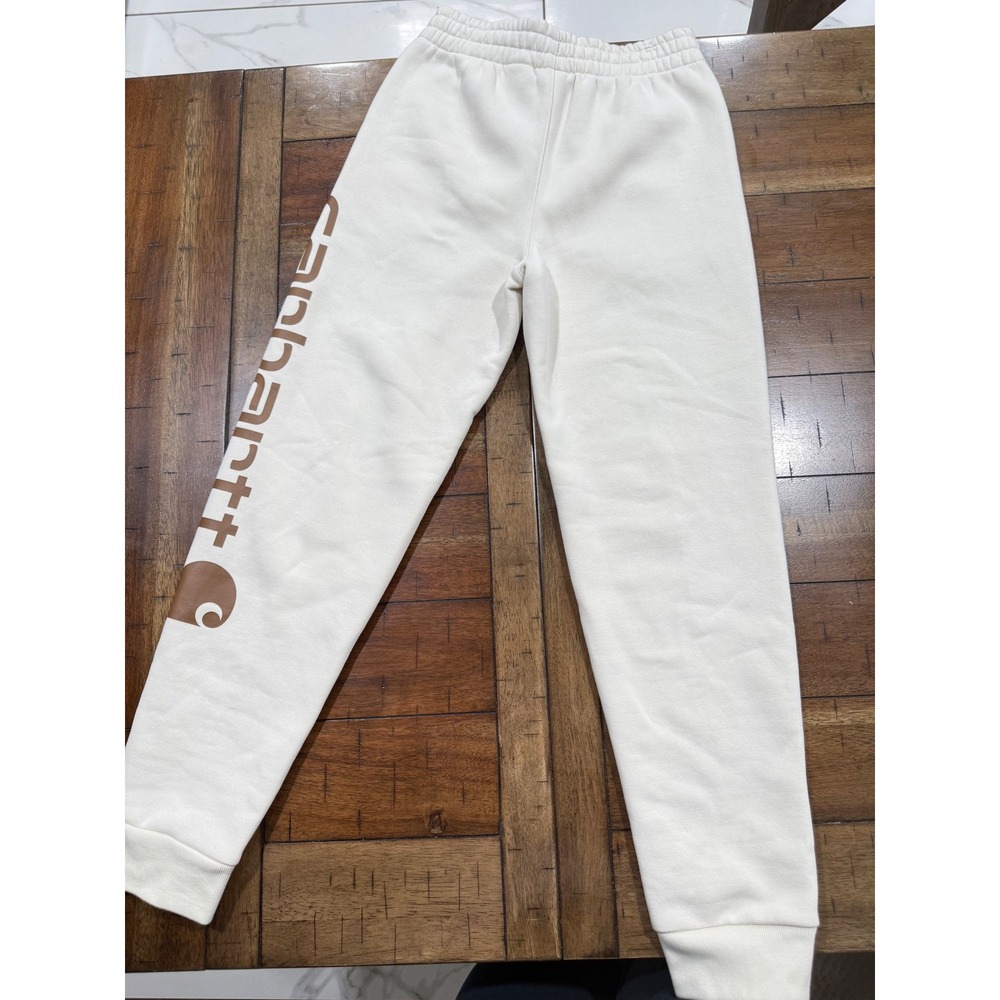 Carhartt Boys M 10-12 Fleece Logo Sweatpants Birch Cream Joggers NWT - Picture 2 of 5